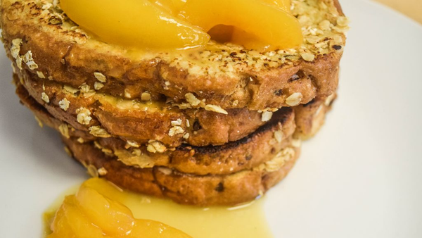 Oatmeal Crusted French Toast with Honey-Glazed Peaches | Meyer